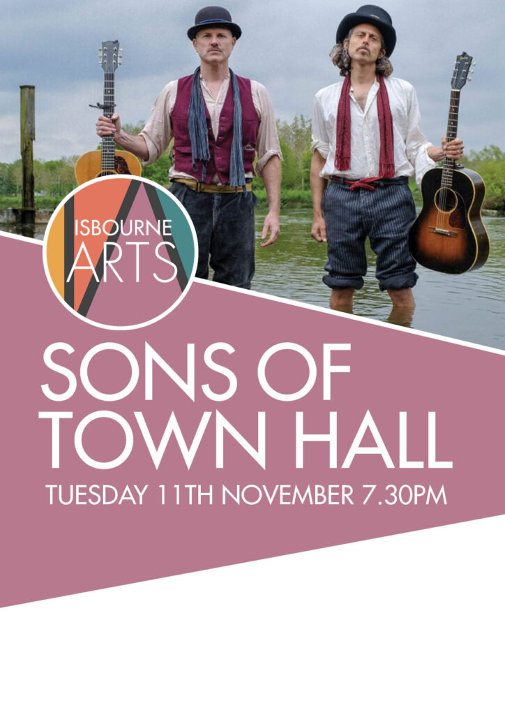 Sons of Town Hall poster showing the band holding guitars and standing in water