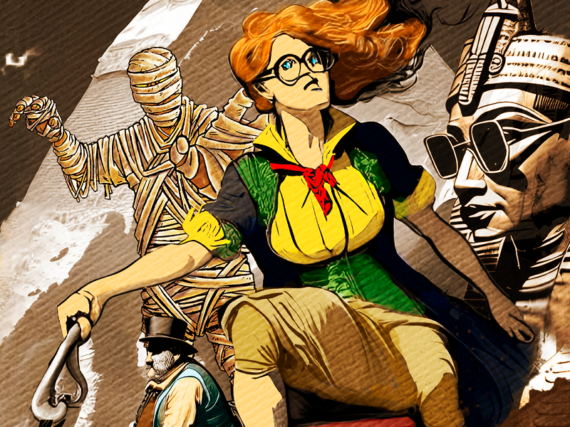 Cartoon showing Agatha Appleton being chased by a mummy